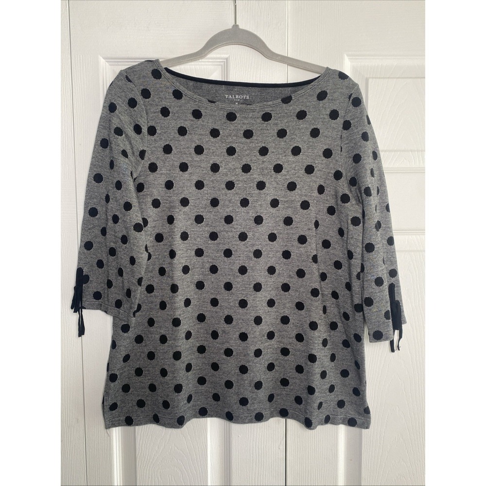 Talbots Polka Dot Knit Top Womens Size M Grey Black 3/4 Sleeve Bow Detail Cotton
